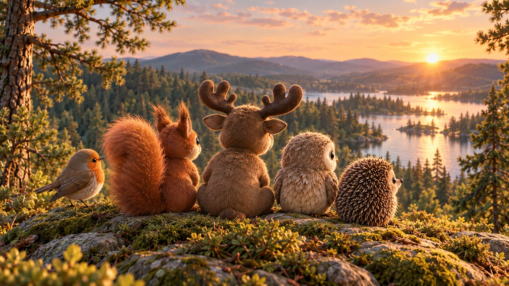 Joel, Lova, Birk, Axel och Pim sitter bredvid varandra på en klippa och tittar ut över sjön i solnedgången.