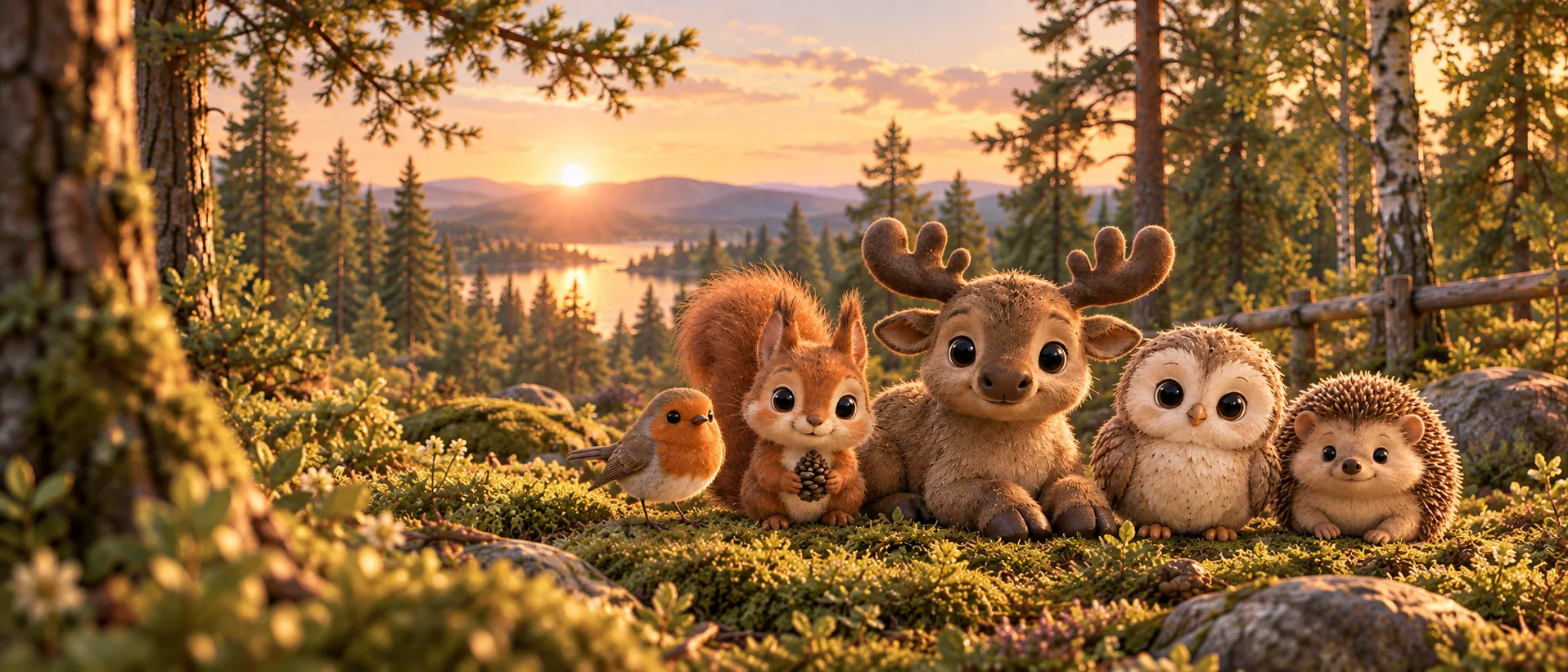 Joel, Lova, Birk, Axel och Pim sitter tillsammans på mossan i Mosslunden i kvällssol, med sjön och skogen bakom sig.