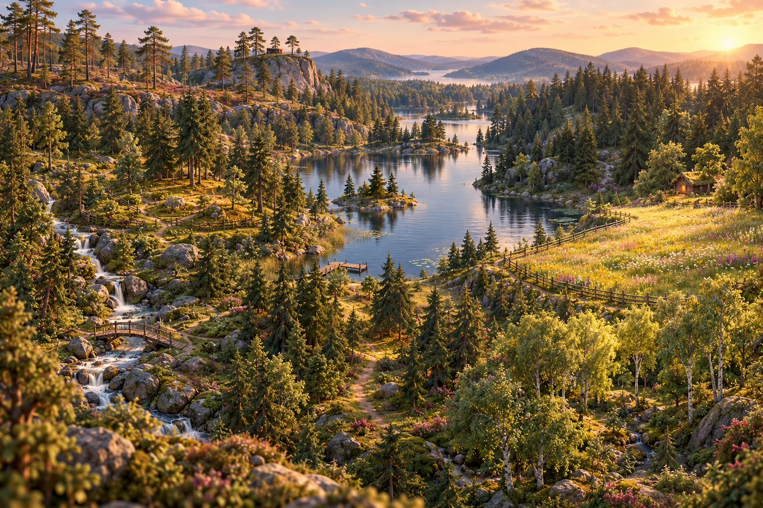 Illustrerad karta över SKOGi i kvällsljus: Änglasjön i mitten, Mosslunden och Bäckdalen med vattenfall och bro till vänster, Tallskogen och Utsikten på klipporna längst bak till vänster, Granskogen längst bak till höger, Ängen med gärdsgård och Birks koja till höger, Lövskogen med björkar nere till höger och Den hemliga stigen i mitten längst fram.
